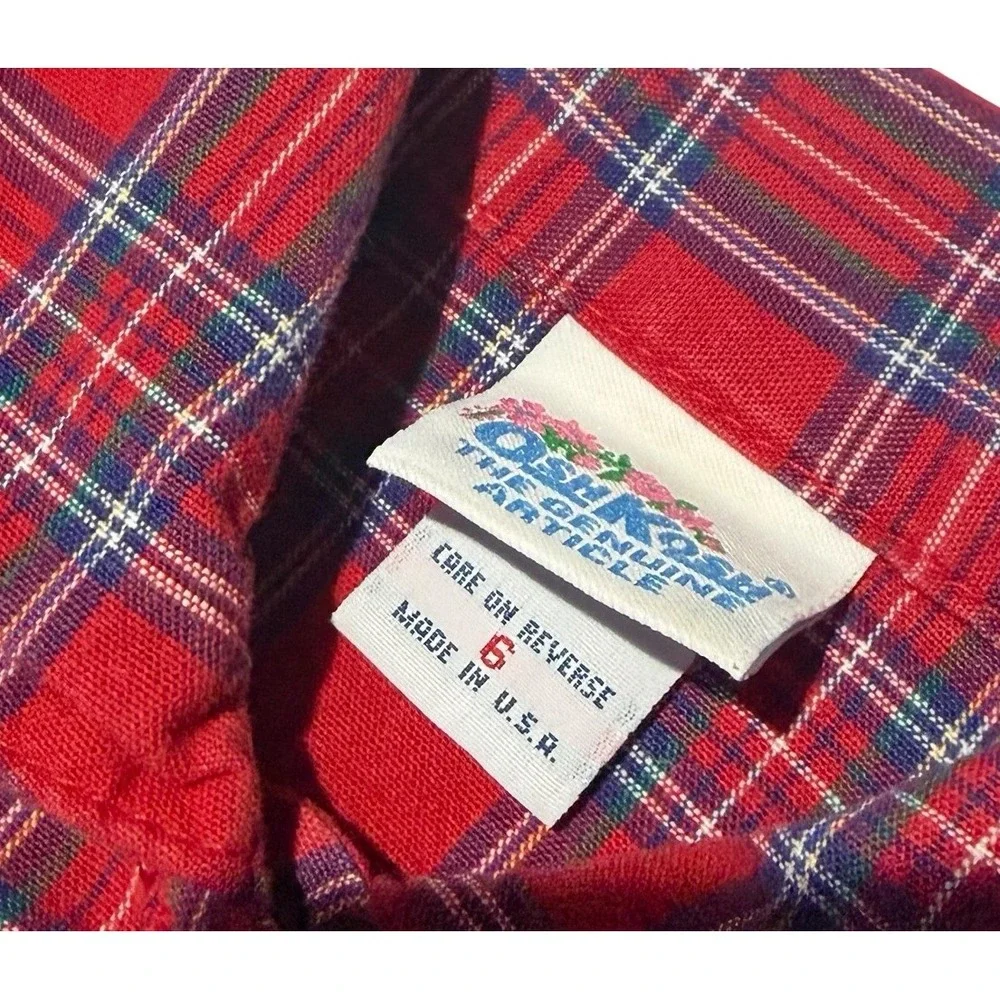 Vintage OshKosh Bgosh Girls 3pc Red Plaid Shirt Denim Jeans Skirt Set Size 6 USA